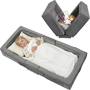 ENITYA Toddler Travel Bed Portable Foldable Soft Foam Floor Bed for Kids, No Assembly, Washable Cover, Built-in Safety Rails, Compact for Travel & Home Use, Light Grey