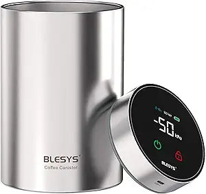 Smart Vacuum Coffee Canister, Automatic Stainless Steel Food Storage Container, LCD Monitoring, One-touch Freshness, Date Tracker, Extra-long Standby Time, Holds 20 oz Coffee Beans (Silver, 1.8L)