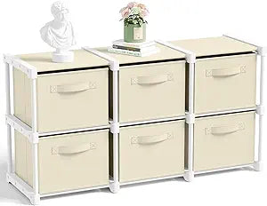Thyle Large Cube Storage Organizer Shelf with 6 Bins 14 Inch Fabric Collapsible Cubby Storage Drawers Shelving Unit for Christmas Ornaments Clothes Toys Craft(Beige,Minimalist)