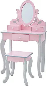 Teamson Kids Princess Rapunzel Wooden 2-pc. Play Vanity Set with Three Storage Drawers, Rotating Oval Mirror and Matching Stool to Play Dress-Up, Princess or Beauty Salon, Pink and Gray