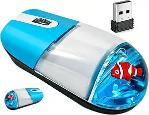 Wireless Mouse Cute Blue with Clear Floating Clownfish Retro Aqua Liquid Water Chamber, Silent Optical,Portable Lightweight for PC Laptop MacBook Kids Girls Women, School Office Home,Aesthetic Gift