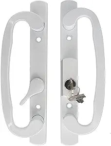 8.5" Legacy Sliding Patio Glass Door Keyed Offset Latch White Handle Set with Keys - Sash Controls 2265 Keyed Lock - Fits 3-15/16" Screw Hole Spacing and 1-1/4" to 2-1/4" Door Thickness