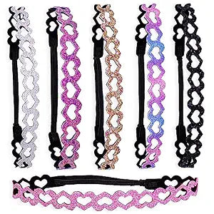 FROG SAC 6 Glitter Headbands for Girls, Adjustable Non Slip Thin Elastic Hair Bands for Kids, Stretch Heart Zig Zag Girl Hair Accessories, Sparkly Headband, Head Band Hairband (Multicolor 1, Kids)