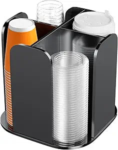 Beego Coffee Cup Holder Organizer - Rotatable 4 Compartments Black Acrylic Cup Dispenser Station With Lid Carousel - Countertop Plastic Cup Holder for Restaurant Breakroom Bar Accessories