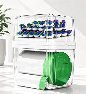Trash Bag Dispenser & Dishwasher Pods Organizer, Clear Acrylic Garbage Bag Holder Under Sink Organizer With Removable Lid, Laundry Pods Container for Kitchen Pantry Laundry Room