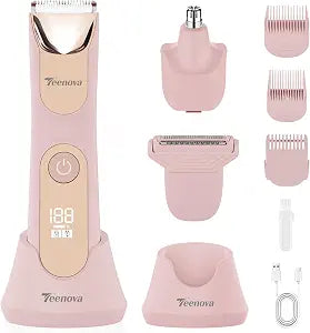 Manscape Body Hair Trimmer for Men, No Nick Pubic Bikini Trimmer for Women, 3 in 1 Versatile Groin Shaver with Nose Hair Trimmer, Cordless Dock Charging, LED Display, Wet/Dry Grommer (Pink)