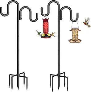 Double Shepherd Hook for Outdoor, 60" Heavy Duty Bird Feeder Pole with 5-Prong Base, Adjustable Thickened Shepherd Hook for Bird Feeder, Flower Baskets, Solar Lights, Lanterns, Black, 2 Pack