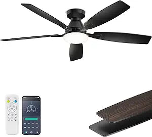 52 Inch Ceiling Fans with Lights, Remote & App Control, Quiet Reversible DC Motor, 6 Speeds, Dimmable 3CCT LED Light, Low Profile Flush Mount Ceiling Fan for Bedroom Living Room, Black