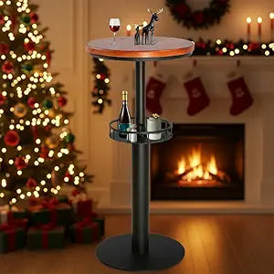 LOKKHAN 42" Tall Rustic Industrial Bar Table with Storage-19.68" Dia Round Wooden Top Metal Bar Height Adjustable Standing Pub Table-Dining Room Cocktail Bistro Table