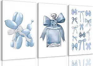 DAXINGJ Trendy Blue Wall Art Set of 3, Preppy Balloon Dog Bow Perfume Bottle Canvas Prints Cute Aesthetic Blue Ribbon Wall Decor Artwork for girl Bedroom Bathroom Dorm Room Home Decor 16x12inch Framed