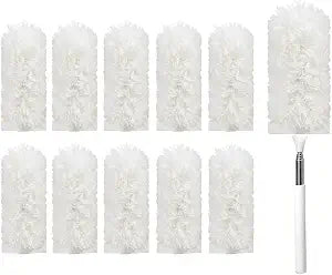 Heavy Duty Duster Refills, Disposable Dusters Kit for Cleaning Dusting Furniture Blind Ceiling Fan, Multi Surface 360 Feather Duster(10)+3FT Extended Handle1 (White)