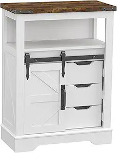 Panana Farmhouse Bathroom Floor Cabinet, Sliding Barn 3 Drawers & 1 Door Freestanding Small Storage Cabinet for Bathroom, Kitchen (White)