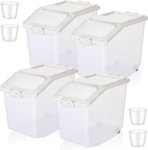 Sunnyray 4 Pcs Rice Storage Container 33.1 lb Airtight Flour Container with Wheels Measuring Cup White Pet Food Dog Cat Birds Food Bin Grain Cereal Organizer Box for Dry Baking Supplies