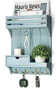 Rebee Vision Decorative Key Holder Wall Mount with Mini Drawer Organizer - Stylish Key Holder for Wall with Mail Organizer & 9 Key Hooks - Apartment Essentials for Home Decor (Blue)