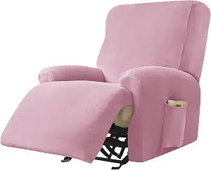 CONRUSER Recliner Chair Covers, 4-Piece Velvet Stretch Recliner Slipcover Single Seat Couch Cover Soft Furniture Protector with Pocket (Pink)