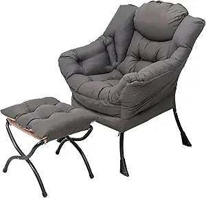 Welnow Lazy Chair with Ottoman, Modern Accent Chair with Armrests and a Side Pocket, Leisure Sofa Armchair, Reading Armchair with Footrest for Small Space, Dark Grey