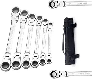 FLZOSPER 6-Piece Flex Head Double Box End Ratcheting Wrench Set8-19mm Metric Chrome Vanadium Steel Spanner with Portable Toolbag