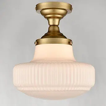 CLAXY Modern Gold Schoolhouse Ceiling Light Semi-Flush Mount Ceiling Light Fixture Ribbed Milk Glass Lamp for Hallway Entryway Bedroom Kitchen Bathroom