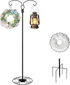 Liitrton 62.6 Inch Shepherds Hooks for Outdoor, Adjustbale Double Shepherds Hooks Hummingbird Feeder Stand Bird Feeder Pole Wind Chime Stand with Round Base, 4 Prongs Base and Water Weight Bag