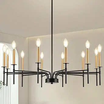 12 Light Modern Farmhouse Black and Gold Chandeliers for Dining Room Light Fixture, Metal Candle Chandelier Lighting Fixtures for Living Room Stair Foyer Entryway Bedroom Kitchen