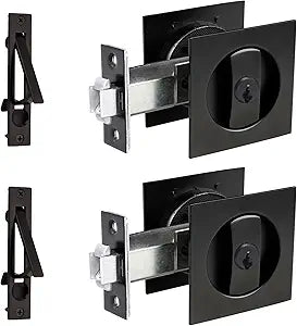 Dontay Keyed Pocket Door Lock with Pull Handle,Flush Mount Recessed Knob,2-3/8 inch Backset,Square Bed Bath Hardware Fit Sliding Barn Interior Door Thickness 1-3/8 to 2-3/16 inch(Matte Black,2)