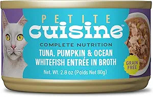 PETITE CUISINE Whole Foods Wet Cat Food, Tuna, Pumpkin & Ocean Whitefish Entree in Broth, 2.8 oz. Can (24 Count)