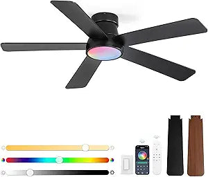48 Inch Ceiling Fans with Lights and Remote,Outdoor Indoor Modern Flush Mount Ceiling Fan with 3CCT 6-Speed Quiet DC Motor,Small Low Profile Ceiling Fan for Bedroom Living Room OfficeBlack RGB)
