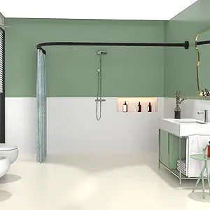 L Shaped Shower Curtain Rod,28-39 X 43-67 Inch Curved Shower Rod,Adjustable Shower Rods for Bathroom,Stainless Drilling Shower Curtain Rods with 18 Ring Hooks,for Bathroom Tub, Black