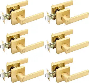 EHOMEWARE 6 Pack Gold Door Knobs Interior Brass Door Handles in Satin Brass Finish, Privacy Function for Bedroom Bathroom, Heavy Duty Gold Door Handles Levers with Modern Design