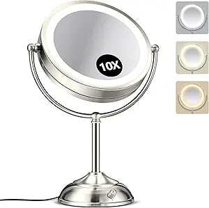 10X Magnifying Mirror with Light, Rechargeable 9" Lighted makeup mirror with magnification, 3 Color Modes, Adjustable Brightness, No Assembly Required, 360 Rotation Cosmetic Mirror, Pearl Nickel