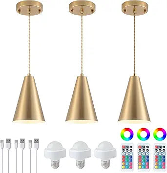 Dijiahua Gold Battery Operated Pendant Lights Kitchen Island 3 Pack with Remote Control,Wireless Rechargeable 12 Color Temperatures Lamp Fixtures with Brass Metal Shade, Modern Hanging Lighting