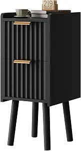 IBUYKE Narrow Nightstand,Slim Bedside Table with 2 Drawer,Black UWNS015B