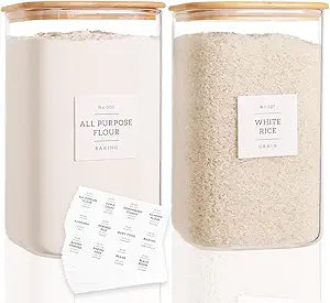 CZZGSM 2 Pack Square Glass Flour and Sugar Containers with 132 Kitchen Pantry Labels - Thicken 149 FL OZ Large Glass Storage Jars with Airtight Bamboo Lid - Big Food Canisters for Rice, Pasta, Cookie