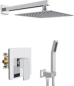 SR SUN RISE Shower Faucet Set & System - 10 Inch Rainfall Shower Head & Handle Set Wall Mounted Polished Chrome Solid Brass Valve Trim Kit Included