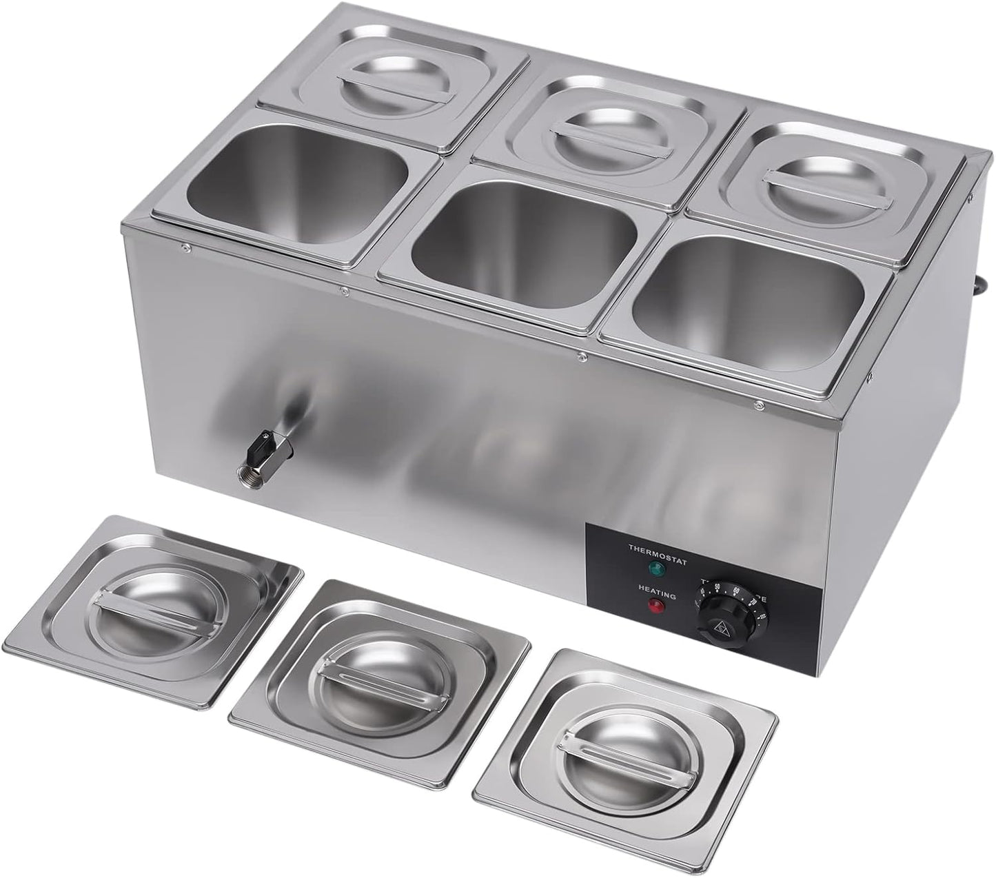 Gworobie 6 Pan Commercial Food Warmer Countertop with Lids, Electric Food Warmer Steam Table, 600W Professional Buffet Servers and Warmers Stainless Steel Buffet Bain Marie with 86-185°F Temp Control