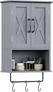 ChooChoo Farmhouse Medicine Cabinet, Bathroom Wall Cabinet with Adjustable Shelf, Towel Bar, 3 Hooks, Over The Toilet Storage Cabinet for Bathroom, Kitchen, Grey