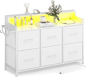 Dresser for Bedroom with 6 Drawers, LED TV Stand Chest with Charging Station, Chest of Fabric Drawers with Side Hooks, Dresser Storage Organizer for Closet Living Room Hallway (White)