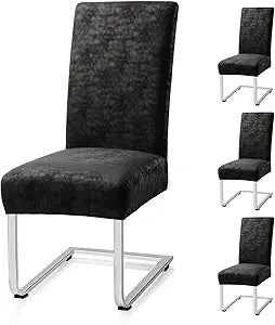 Luxurious Leather Look Dining Chair Covers Skin-Friendly Washable Synthetic PU Leather Chair Covers for Dining Chairs Set of 4, Premium & Soft High Back Kitchen Chairs Covers Stretchy (Black)
