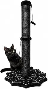 Gothic Cat Scratching Post with Spider Dangling Toys for Indoor Cats, Halloween Spooky Cat Scratcher,Activity Cat Play Center Goth Cat Tree Tower Furniture with Cobweb Base,Black