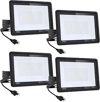 4Pack-60W LED Flood Light Outdoor,6600lm LED Work Light with 6FT US Plug,IP66 Waterproof Exterior Security Lights,6000K Daylight White Outside Floodlights Slim design for Playground Yard Stadium