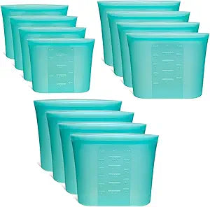 12-Pack Reusable Silicone Food Storage Bags, 100% Silicone Stand-Up Wide-Open Zip-Lock Reusable Storage Bags for Food, Freezer Microwave Oven Dishwasher Safe, Aqua, 4M 4S 4XS