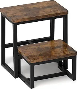 Step Stool for Adults, Hold up to 500Lb,3 in1 Heavy Duty Sturdy Wooden 2 Step Stool for Kichen/Bathroom/High beds, Metal Frame, Non-Slip Pads
