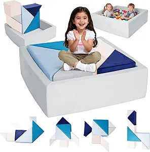 Tangram Puzzles modular kids play couch building fort, Children explorer sofa with Ball Pit, Kids playroom convertible furniture for Inspiring Child Creativity, Made entirely of sponge (Blue Series)