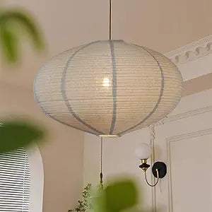 20 Inch Oval Linen Pendant Light Shade, Handmade Fabric Hanging Lampshade for Living Room, Bedroom, Dining Room, Soft Ambient Minimalist Boho Light Cover, Shade Only