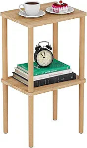 Solid Wood Side Table, 2-Tier Tall End Table with Storage Shelf, Small Nightstand Bedside Table for Bedroom, Living Room, Kids Room & Small Spaces, No-Tool Assembly,(Natural)