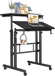 Klvied Height Adjustable Mobile Standing Desk, Tiltable Laptop Desk with Cup Holder & Hook, Portable Rolling Desk with Lockable Casters, Home Office Workstation for Standing/Sitting, Black