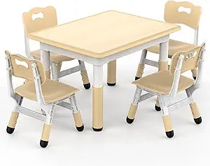 HLPB Kids Table and 4 Chairs Set, Adjustable Height, Graffiti Desktop, Non-Slip Legs, 31.5''L x 23.6''W Toddler Multi-Activity Table for Ages 2-8, Max 300lbs, for Daycare, Classroom, Home