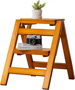Latifolia Foldable 2 Step Stool, Wooden Step Stool with Floor Saver, Decorative Ladder Shelf for Living Room, Kitchen, Garden(Walnut)