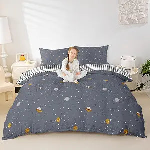 Erosebridal Galaxy Series Bedding Set, Grid Decor Duvet Cover, Full Size for Boys Teens Kids Bedroom Decor Comforter Cover Set Starry Sky Planet Lattice Pattern Soft Microfiber Reversible Quilt Set