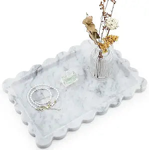 Real Natural Scalloped Marble Tray for Bathroom, Vanity, Kitchen and Desktop, Decorative Stone Tray for Jewelry, Cosmetics, Candles, Lotion, Perfume and Home Decor (12" L x 8" W)